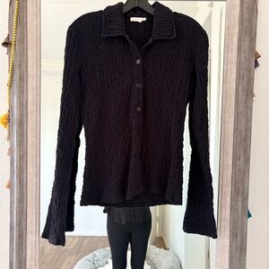Women's Black pucker fabric Button-Up Top - flared sleeve